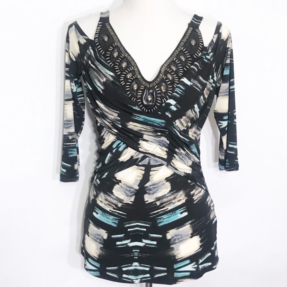 Venus cold shoulder blouse w/ beaded neckline